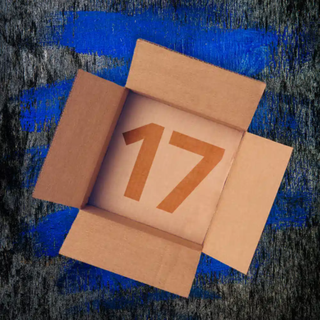Leerer Versandkarton mit der Nummer 17 auf blau grauem Untergrund