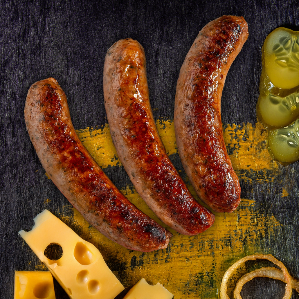 Drei gebratene Bratwürste neben Emmentaler Käse Gewürzgurken Scheiben und Zwiebelringen.